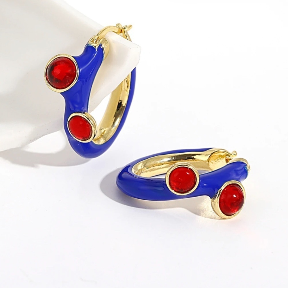 1" x 0.9" Gold-Plated Blue Enamel Hoop Earrings with Red Accent Stones